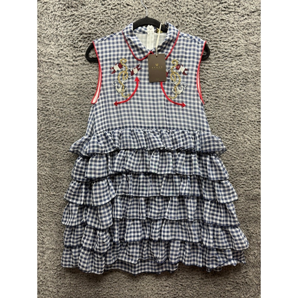 NWT Space Style Concept Embroidered Gingham Ruffle Dress Navy Blue Women Size 44